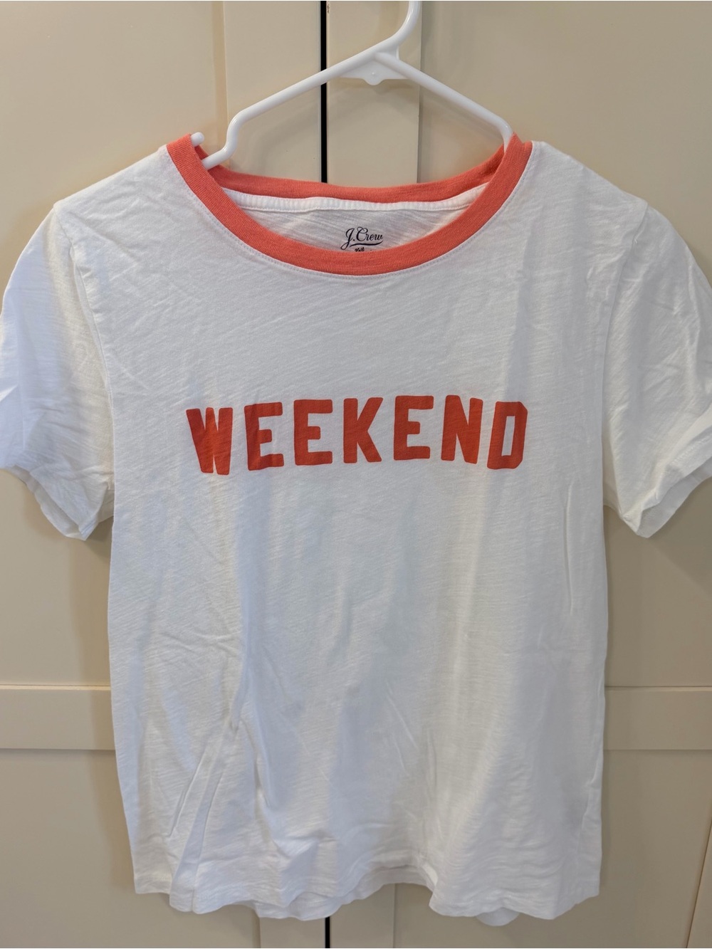 J. Crew White Tee with Coral 'WEEKEND' Graphic